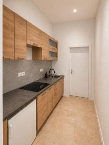 an empty kitchen with wooden cabinets and a sink at Colonnade Studio, Karlovy Vary in Karlovy Vary