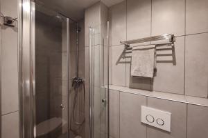 a bathroom with a shower with a glass door at Hôtel Helvétique in Nice +91 photos