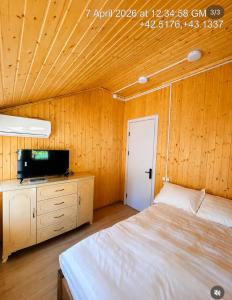 a bedroom with a bed and a tv on a dresser at Mountain Shadow Racha in Ambrolauri +3 photos