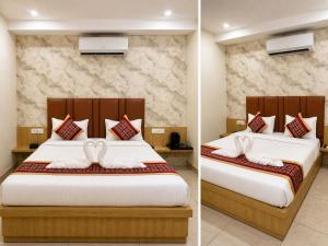 two pictures of a hotel room with two beds at Vida Hotel in Patiāla