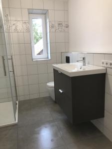 a bathroom with a sink and a toilet and a window at Wohnung Regina in Wildenfels