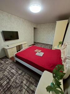 a bedroom with a red bed and a tv at Cozy apartment in Kryvyi Rih