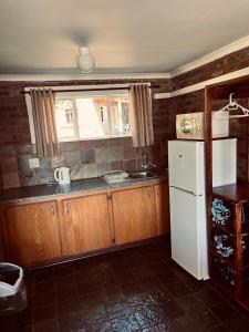 a kitchen with a white refrigerator and a window at Chargo River Lodge in Colesberg