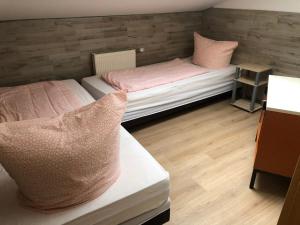 a bedroom with two beds with pink pillows at Monteurzimmer Drei Gleichen in Günthersleben