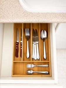 a drawer with silver utensils in a kitchen at KallitheaDeluxe in Kallithea Halkidikis