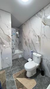 a bathroom with a toilet and a marble wall at Guest House Alim in Karakol