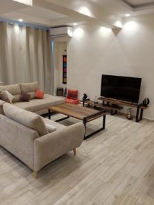 a living room with two couches and a flat screen tv at sidi yahia,hydra in Hydra