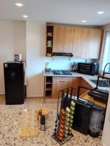a kitchen with a black refrigerator and a counter at sidi yahia,hydra in Hydra