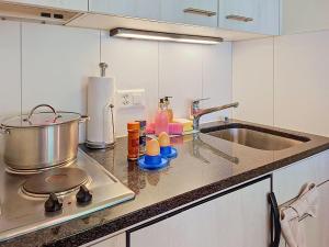 a kitchen counter top with a sink and a stove at Apartment Chalet Schwendihus-11 by Interhome in Grindelwald +34 photos