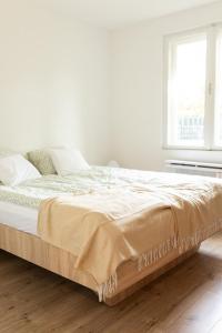 a white bedroom with a bed with white sheets and a window at Flóra Vendégház Balatonvilágos in Balatonvilágos
