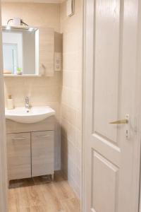 a bathroom with a sink and a white door at Flóra Vendégház Balatonvilágos in Balatonvilágos +46 photos