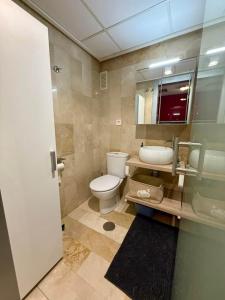 a bathroom with a toilet and a sink and a mirror at Aguas Salinas A3 Studio in San Pedro del Pinatar +10 photos