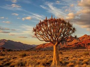 a tree in the desert with mountains in the background at Aggeneys Hotel in Aggeneys