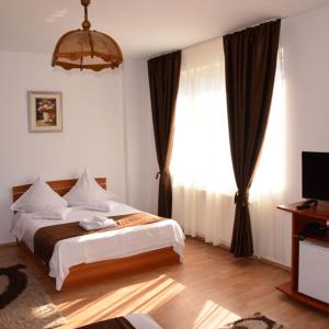 a bedroom with a bed and a large window at Hotel Delaf in Cluj-Napoca