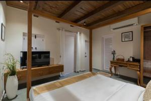 a bedroom with a bed and a flat screen tv at Emerald Hill Villa by Jodhani in Udaipur +31 photos