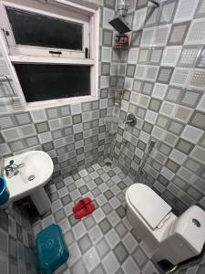 a bathroom with a toilet and a sink at Urban Den Hostel in Srinagar
