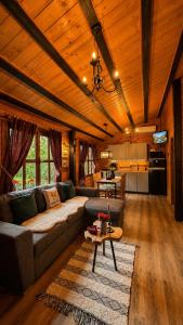 a living room with a couch and a table at Montebello Chalet in Porumbacu de Sus