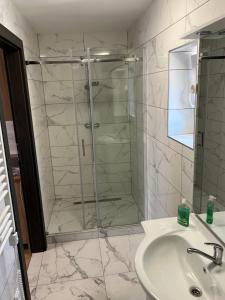a bathroom with a shower and a sink at Kálvária panzió in Tata