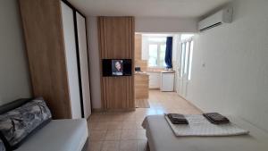 a living room with a bed and a kitchen at rašo in Pržno
