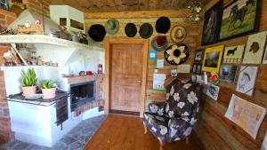 a living room with a fireplace and a chair at Cicha Chata in Wójtowa