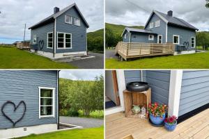 a group of four pictures of a blue house at Panorama Valley Lofoten in Bøstad