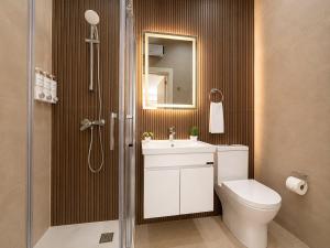 a bathroom with a toilet and a sink and a mirror at Il-Kenn ta Roża Maisonette in Qala