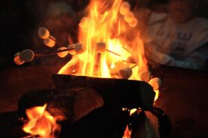 a fire with some food cooking in a pot at Rivendell Farm Glamping in Carmarthen