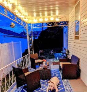 Ein Hund liegt auf einem Veranden in der Unterkunft The Zen Den in Hellertown