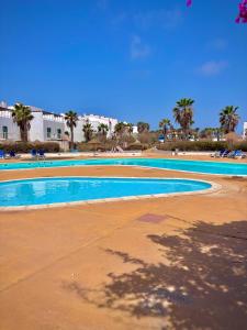 a large swimming pool with palm trees in the background at Vozinha Residence in Prainha