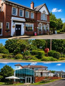 two pictures of a brick building with a picnic spot at The Rising Sun in Rogerstone