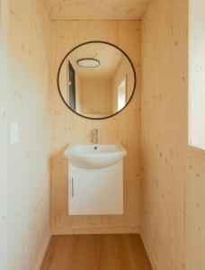 a bathroom with a sink and a mirror at The Lakehouse in Miðvágur +21 photos