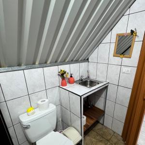 a small bathroom with a toilet and a sink at Cabaña Escondida Rio Celeste in El pilon