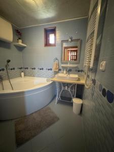 a bathroom with a tub and a sink and a mirror at GaLiBa Vendégház in Jenő +32 photos