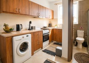 a kitchen with a washing machine and a washer at Maquestas Modern Apartments in Archangelos