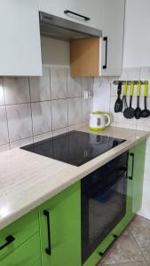 a kitchen with green cabinets and a stove top oven at Apartament nad Soliną in Polańczyk +4 photos