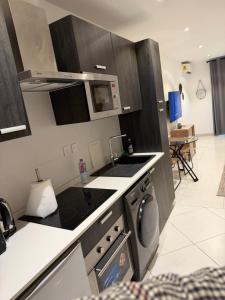 a kitchen with a sink and a stove top oven at Spacious Studio Apt Airport Residential in Accra