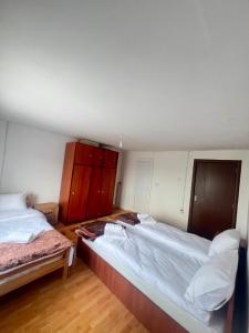 two beds in a room with wooden floors at Albanica Guesthouse in Dacići +2 photos
