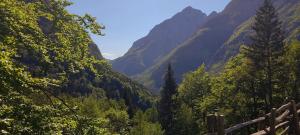 a view of a valley in the mountains at Gorsko zavetje Cottage in Soča