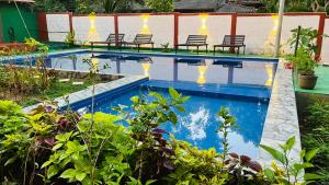 a pool with chairs and lights in a yard at Shaa Home Stay Sigiriya in Sigiriya