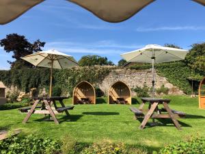 two picnic tables and two umbrellas on the grass at The Boyne Arms Cottage in Burwarton