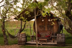 a chair in front of a yurt with two barrels at Tiny Wineyhouse 3 in Zennewijnen +46 photos