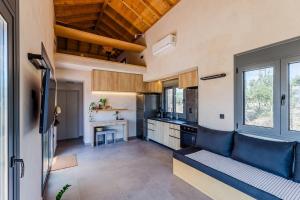 a living room with a couch and a kitchen at Terra Rossa in Plytra