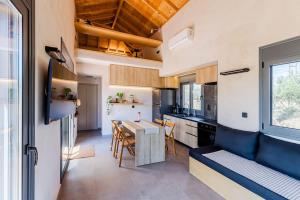 a kitchen with a table and a dining room at Terra Rossa in Plytra +10 photos