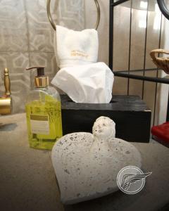 a bottle of soap and a soap dispenser on a table at Loft Michelle in Santeagueda +1 photo