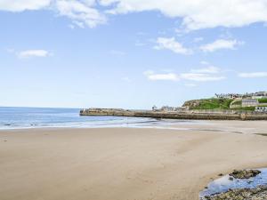 a sandy beach with a pier in the ocean at Needle Cottage in Cullen