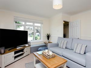 a living room with a blue couch and a flat screen tv at Peacehaven in Shalfleet