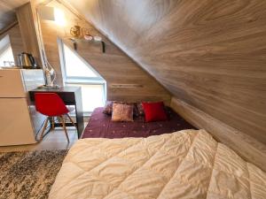 a bedroom with a bed and a desk in a room at Ismail&Stefan in Chişinău