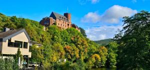 a castle on the side of a hill next to a river at Eifelglück in Heimbach
