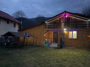 a house with christmas lights on the side of it at Cabana lucia in Tarcău-Gheuca