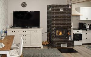 a living room with a fireplace and a television at Paju Apartment in Võru